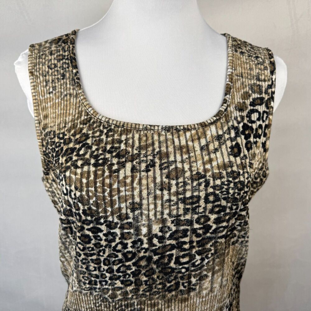 Evan-Picone Black Label Sz M Top Stretch Ribbed Beige Sparkling Animal Print - Picture 2 of 8